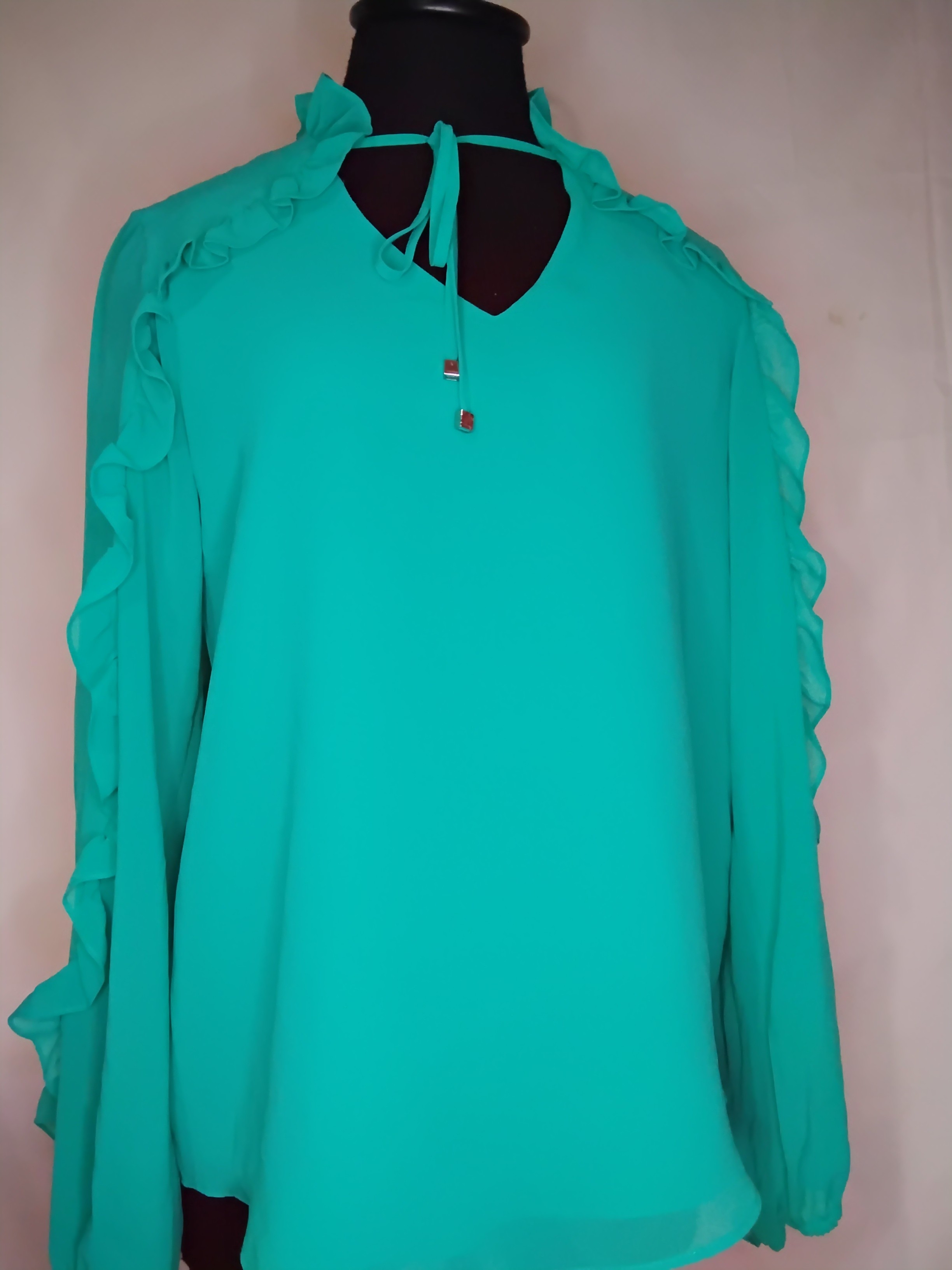 Calvin Klein Teal Ruffle-Trim Tie-Neck Blouse